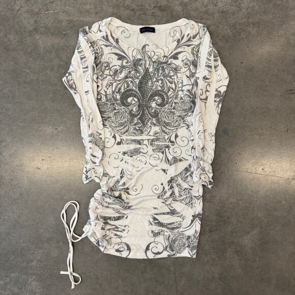 Vintage Y2k Mcbling Rhinestone White Cross Longsleeve Scrunch Tie Mini Dress S - Picture 1 of 6